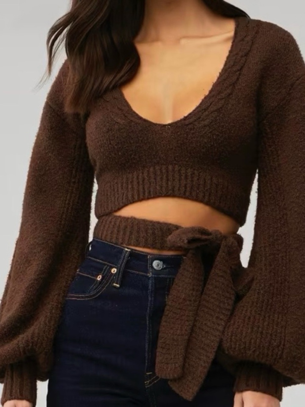 For Love And Lemons Chocolate Brown Wrap Cropped V-Neck Sweater